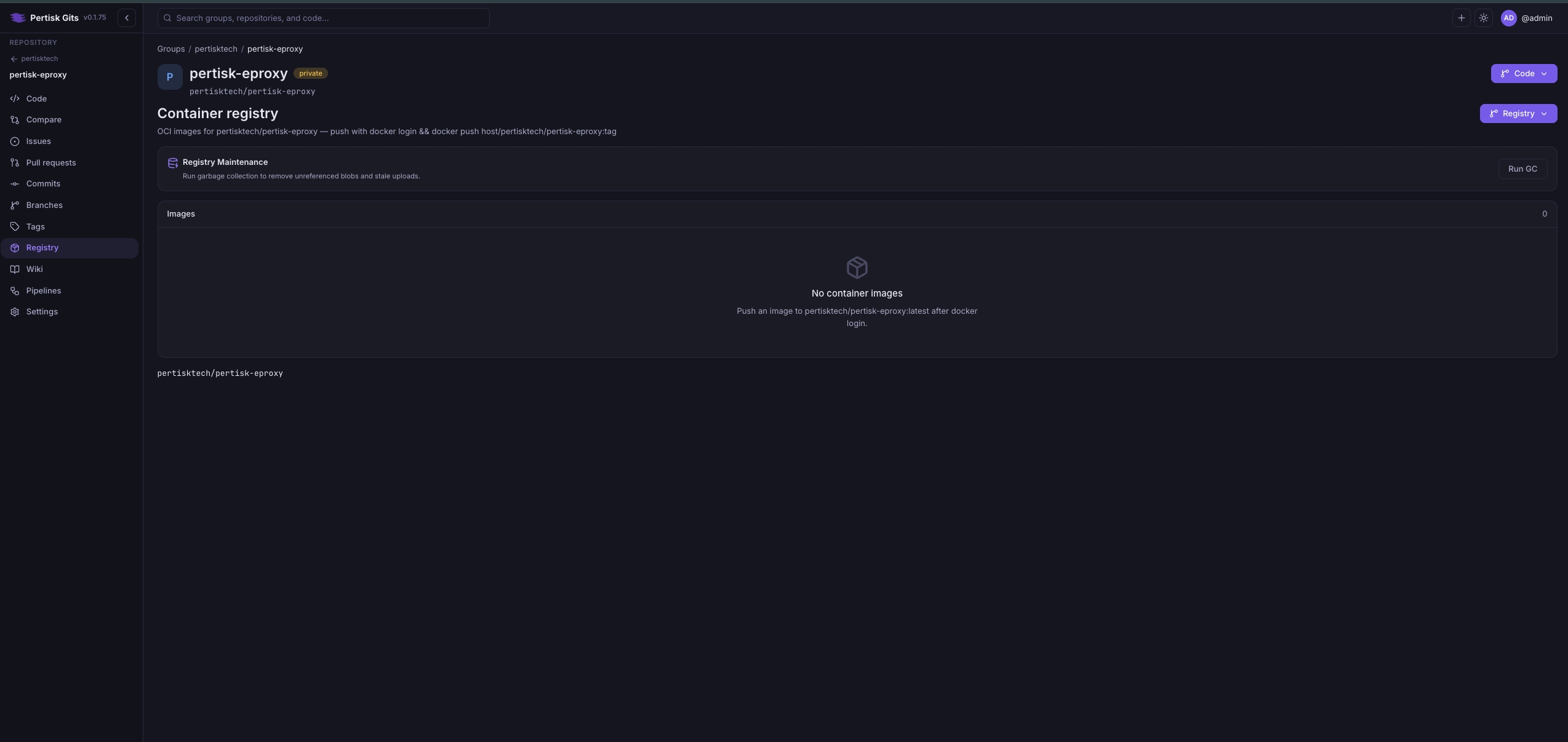 Container registry page with OCI push and GC