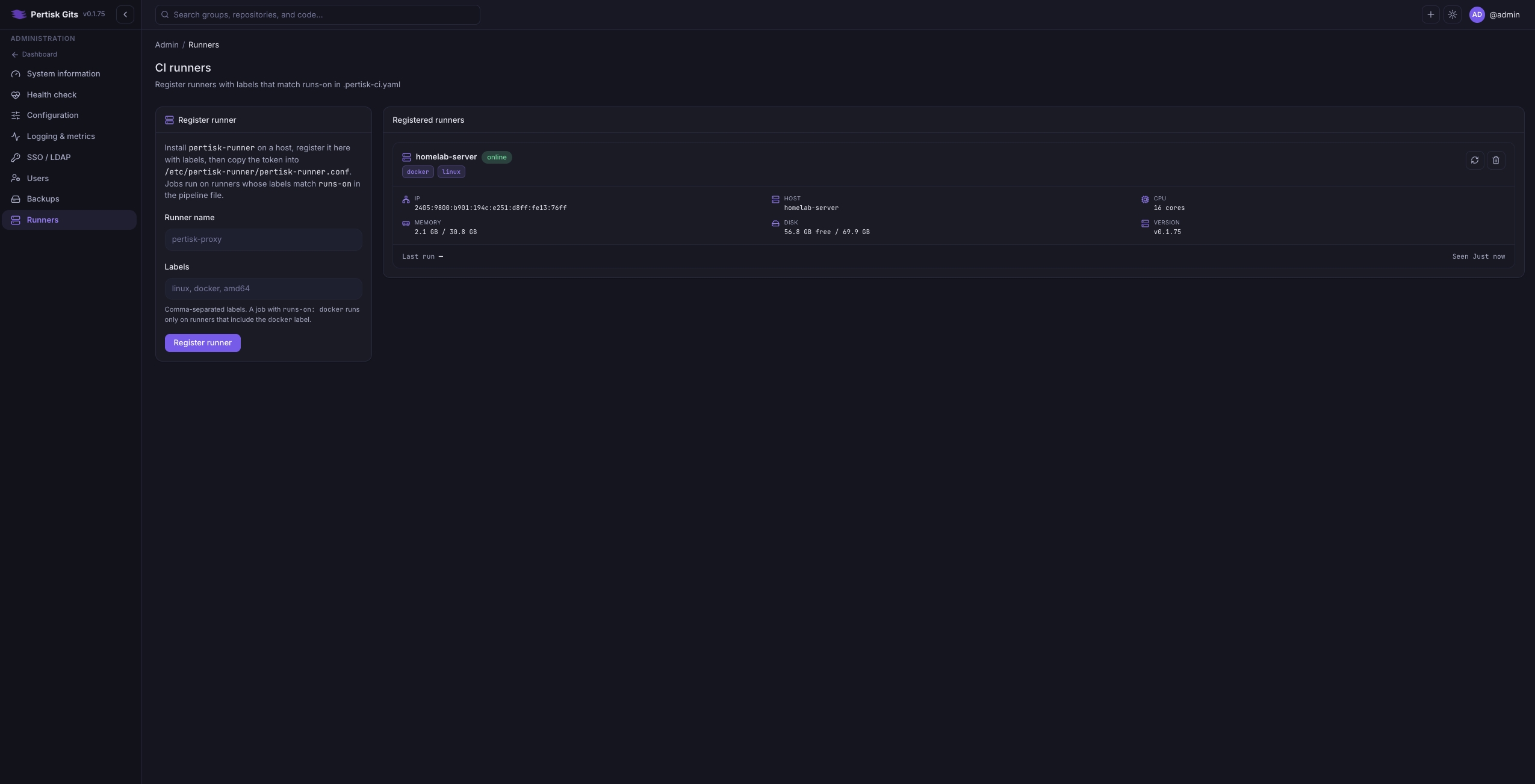 CI runners admin with online pertisk-runner