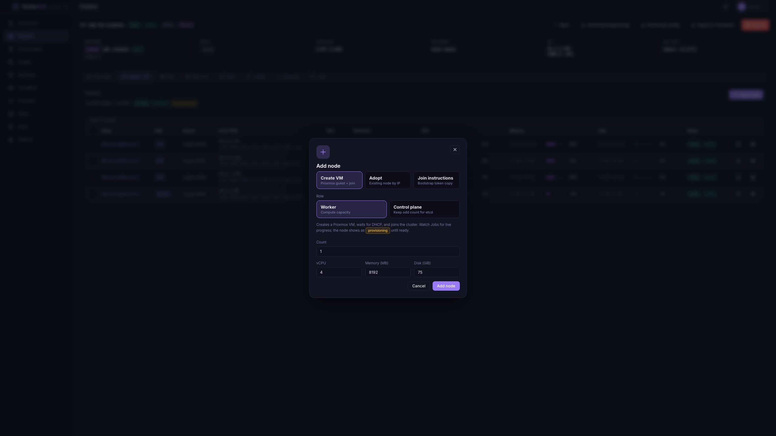 Add node — Create VM, Adopt, or Join