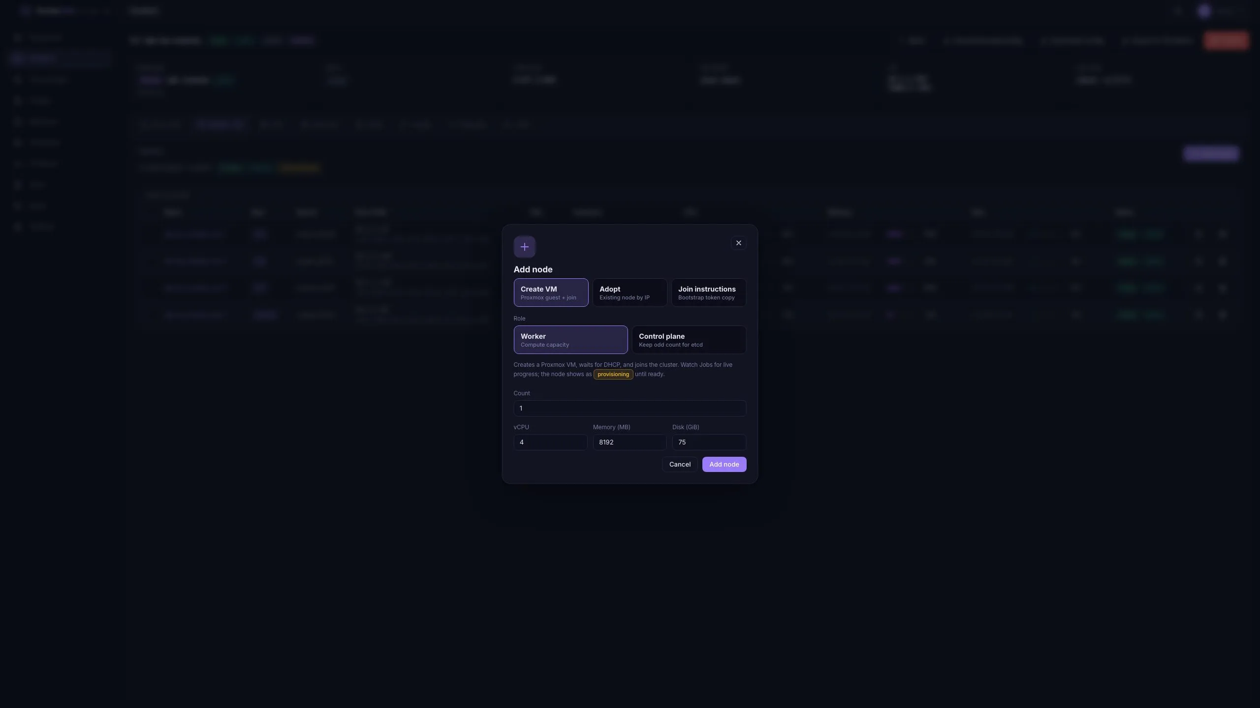 Add node Create VM Adopt Join