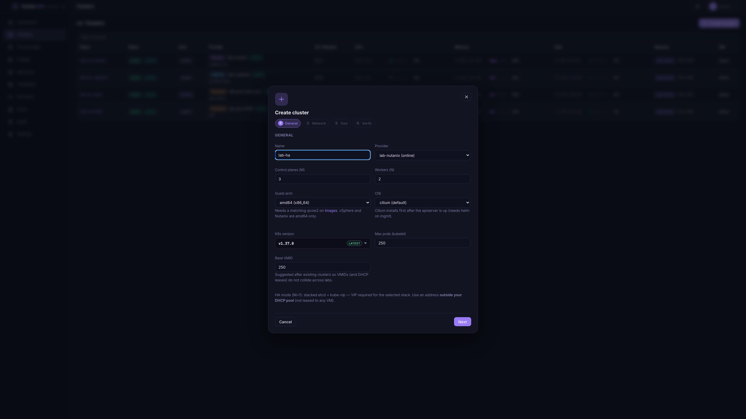 Create cluster wizard — General step