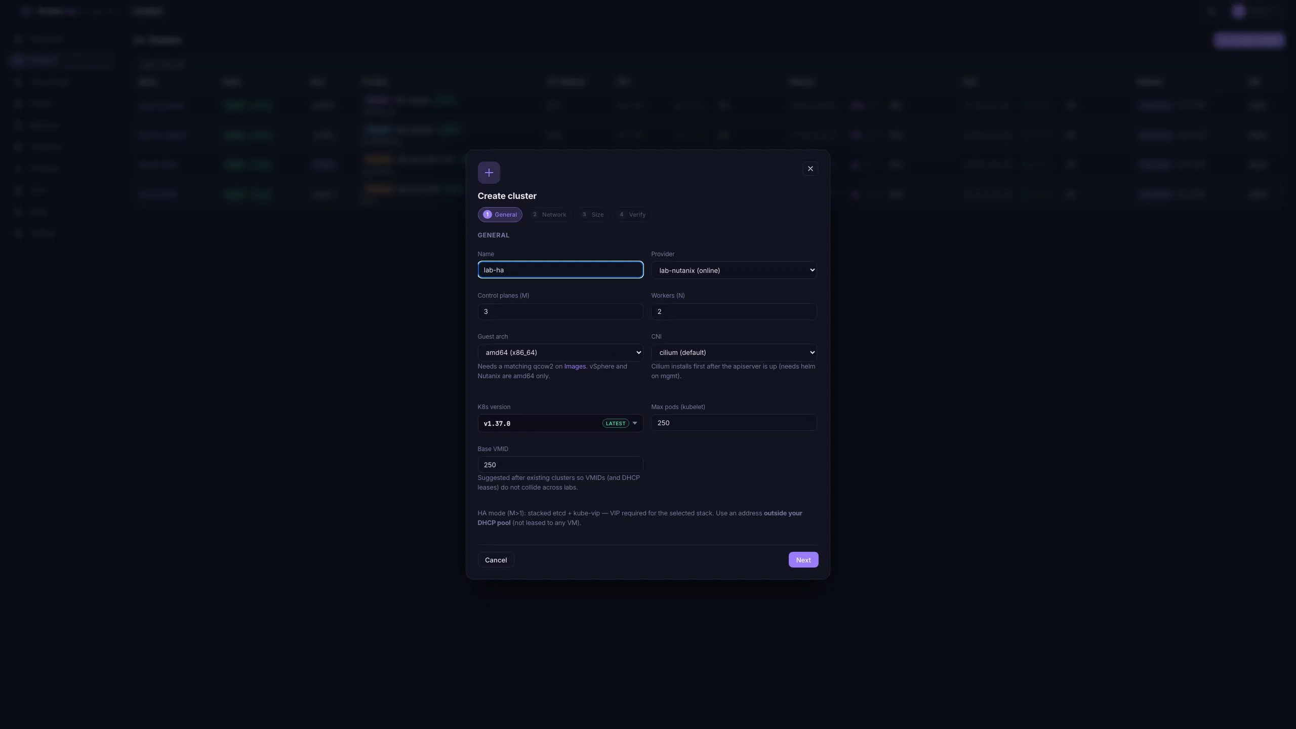 Create cluster wizard General step