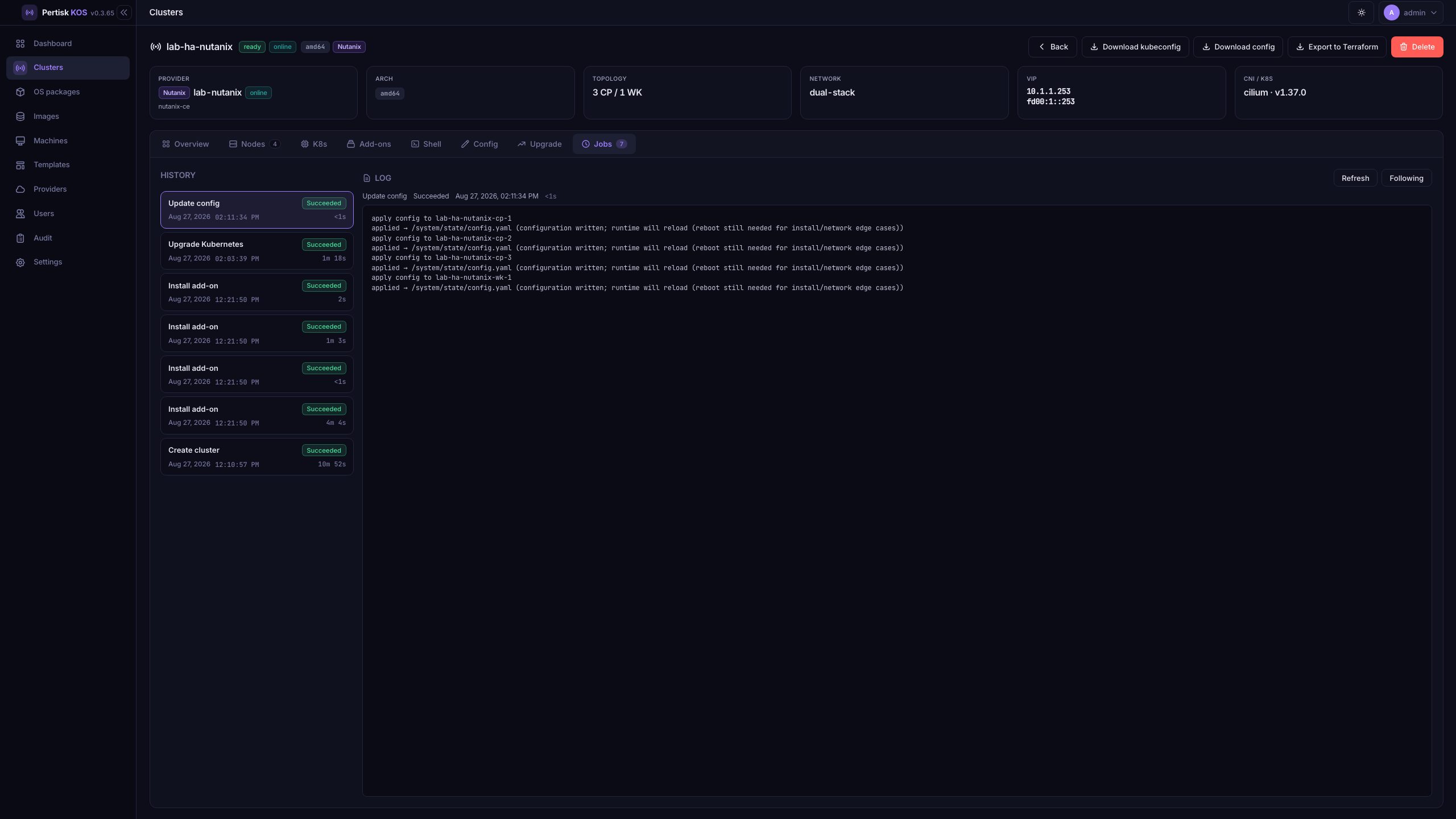 Jobs tab — kind labels, duration, and live log