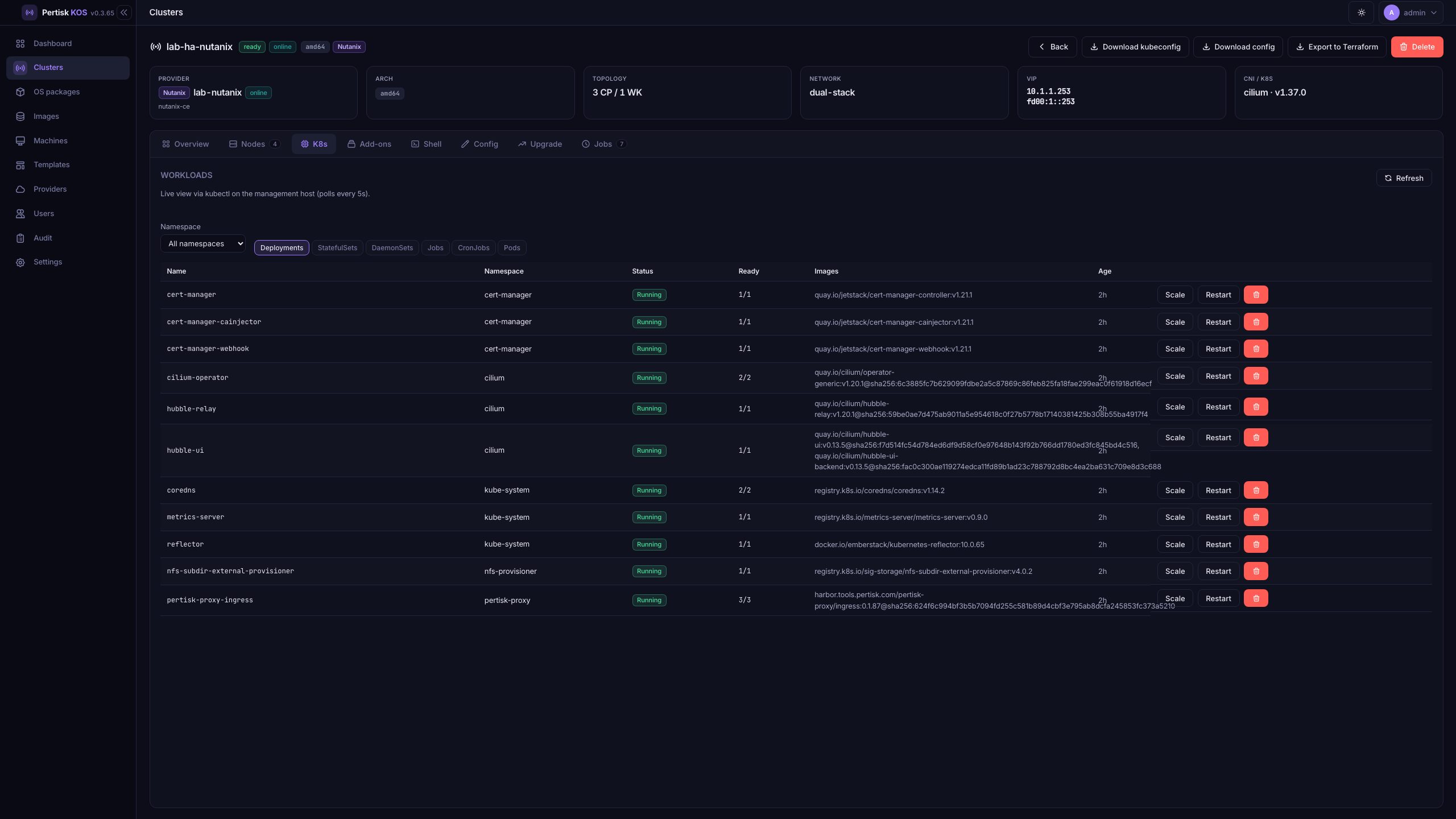 K8s workloads — deployments with scale, restart, delete