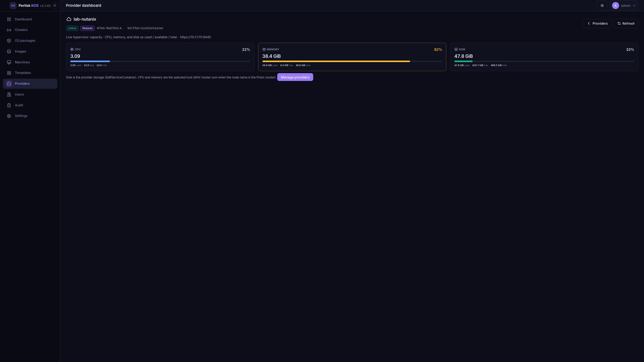 Provider dashboard — hypervisor CPU, memory, and disk
