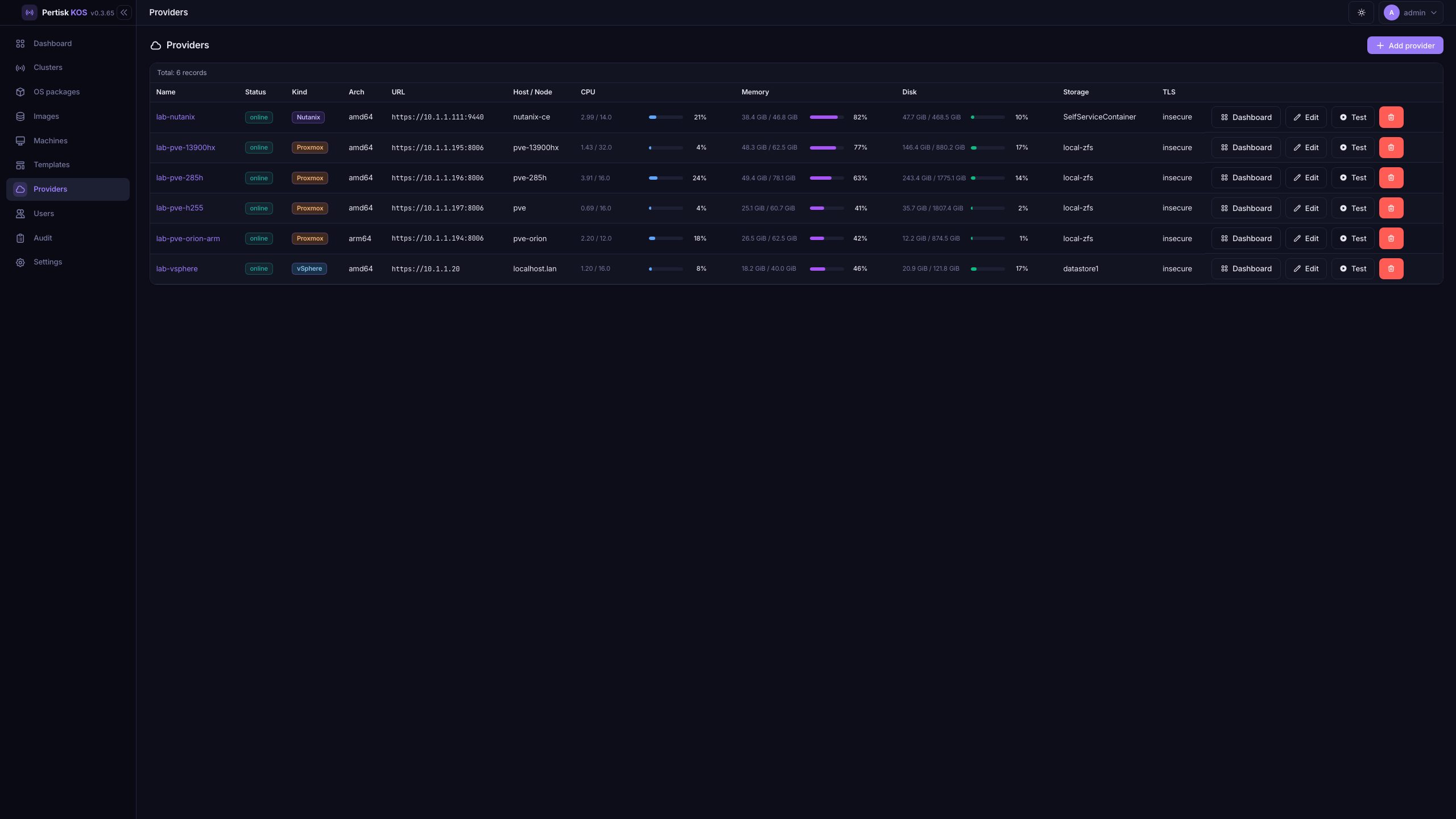 Providers list — Proxmox, vSphere, Nutanix, Pertisk VMs