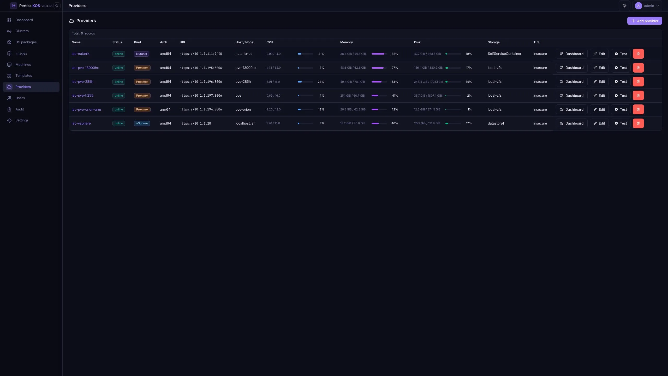 Providers list Proxmox vSphere Nutanix Pertisk VMs