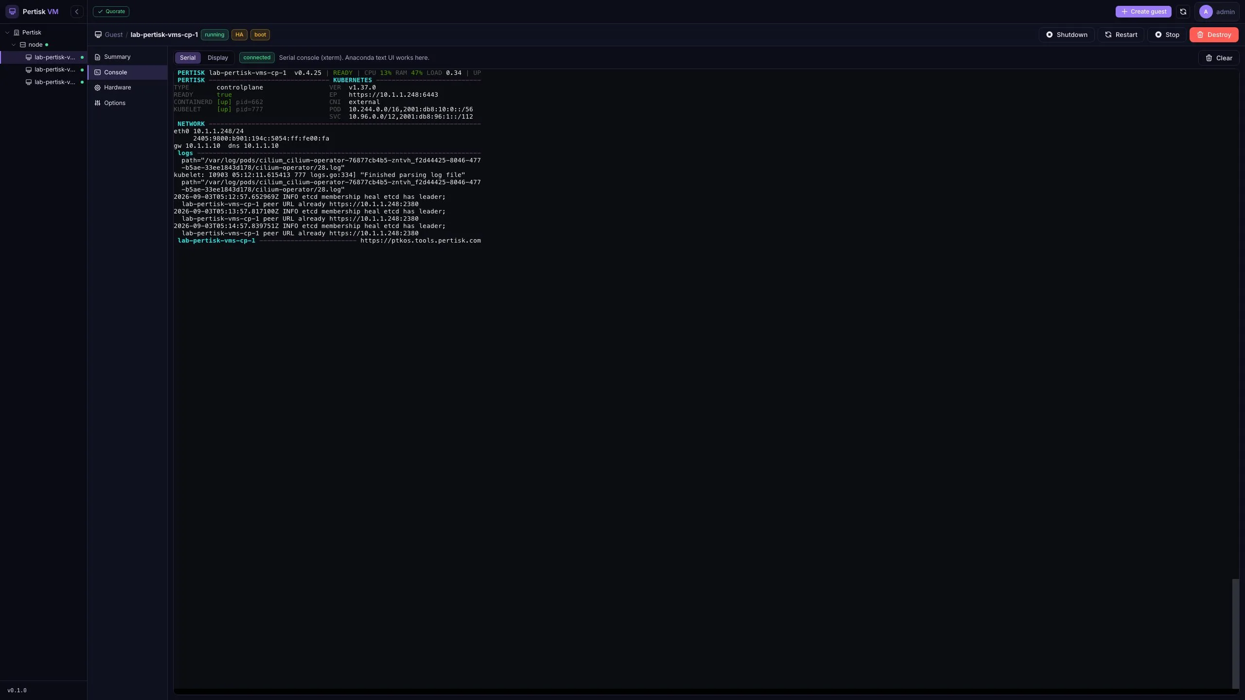 pertiskd serial dashboard on Pertisk VMs