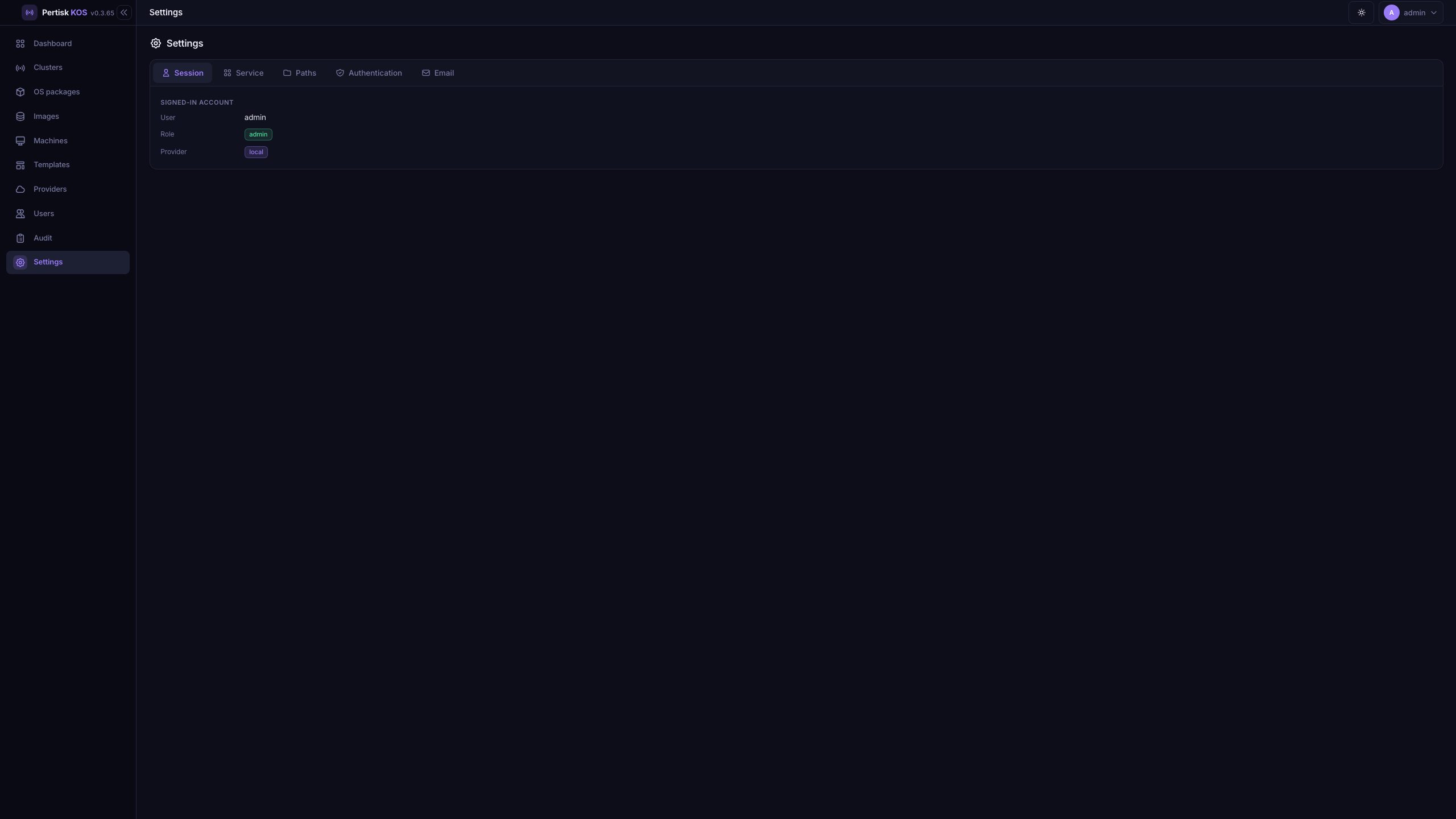 Settings — session, service, paths, auth, email
