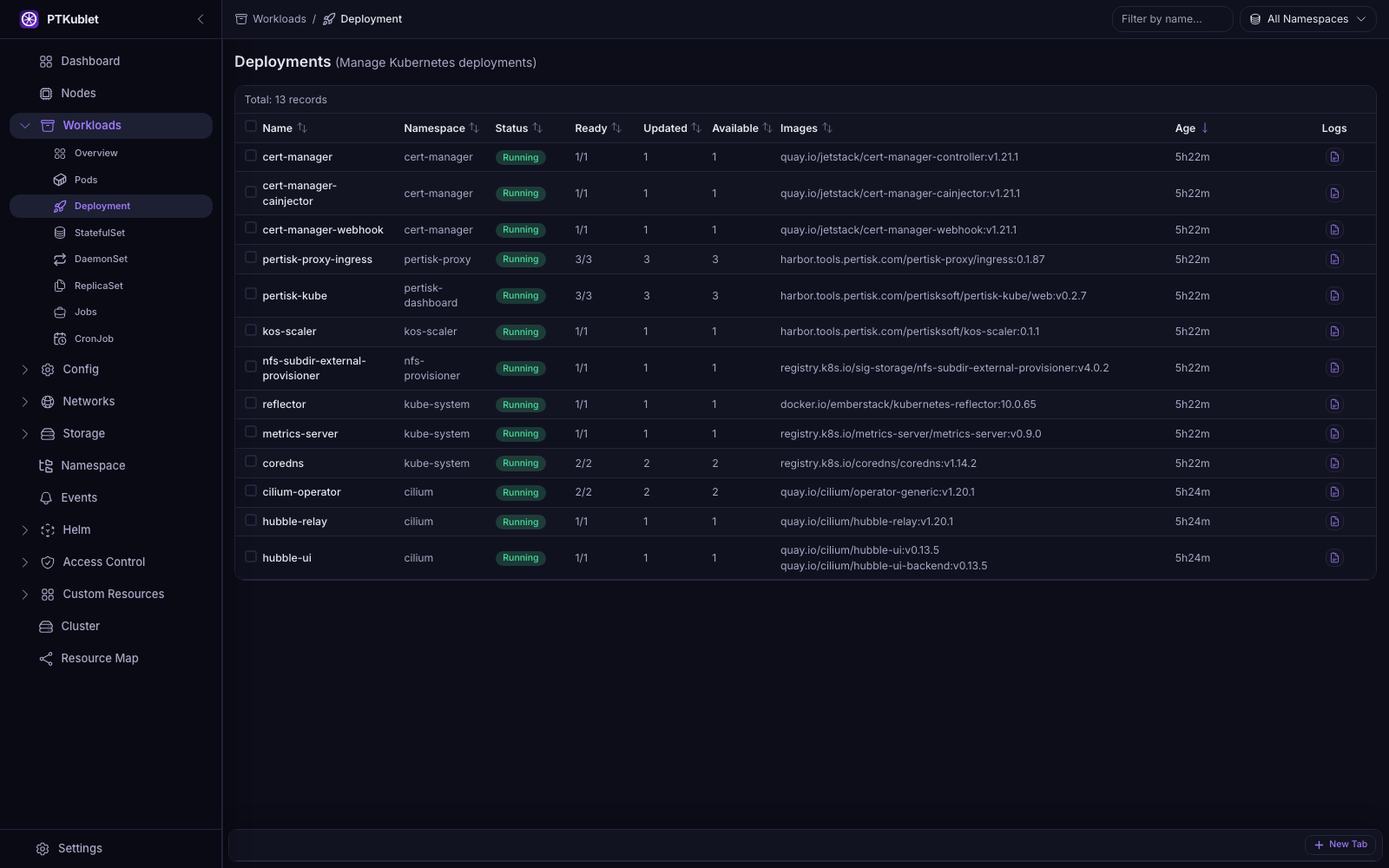 Deployments list with integrated YAML editor