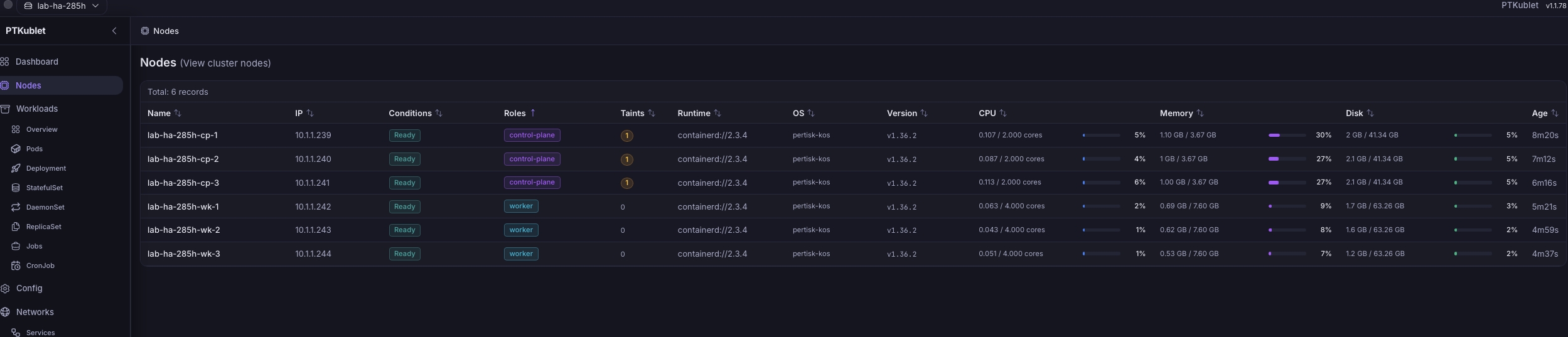 Nodes running pertisk-kos OS in PTKublet