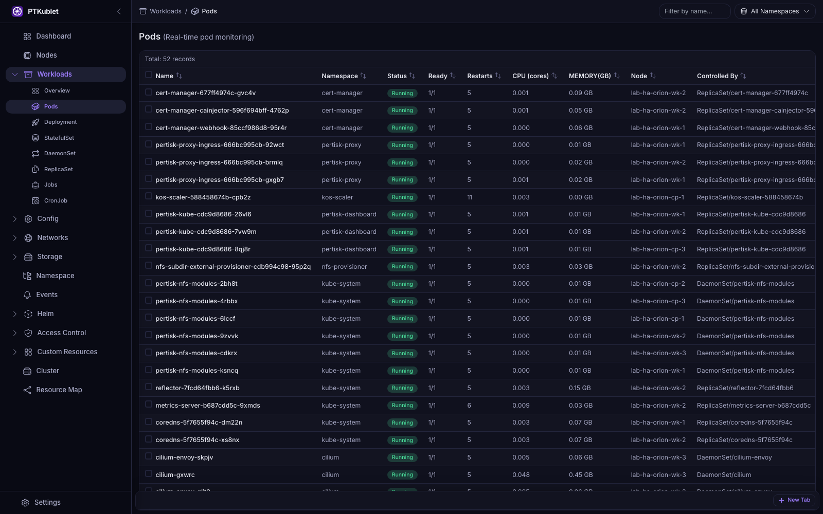 Pods list with connected exec terminal