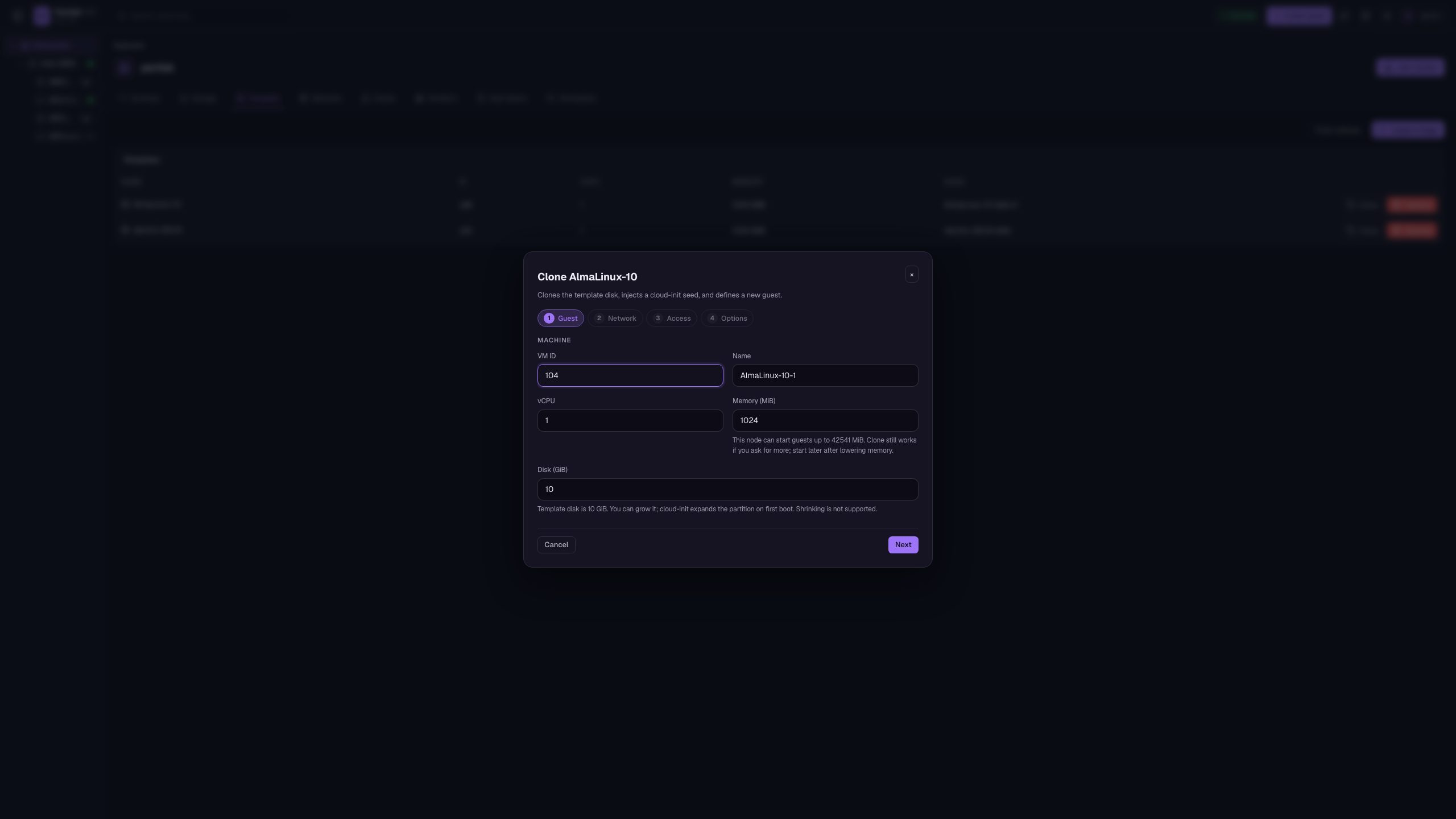 Clone template wizard with cloud-init guest step