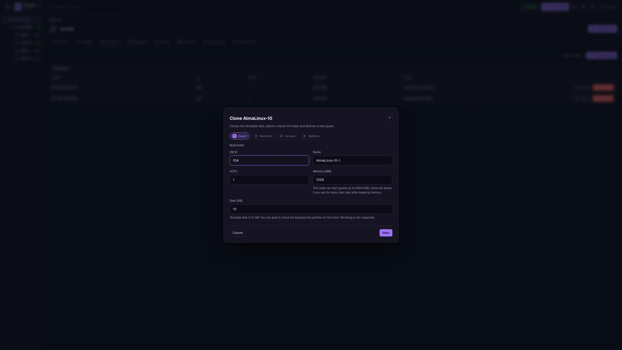 Clone template wizard with cloud-init guest step