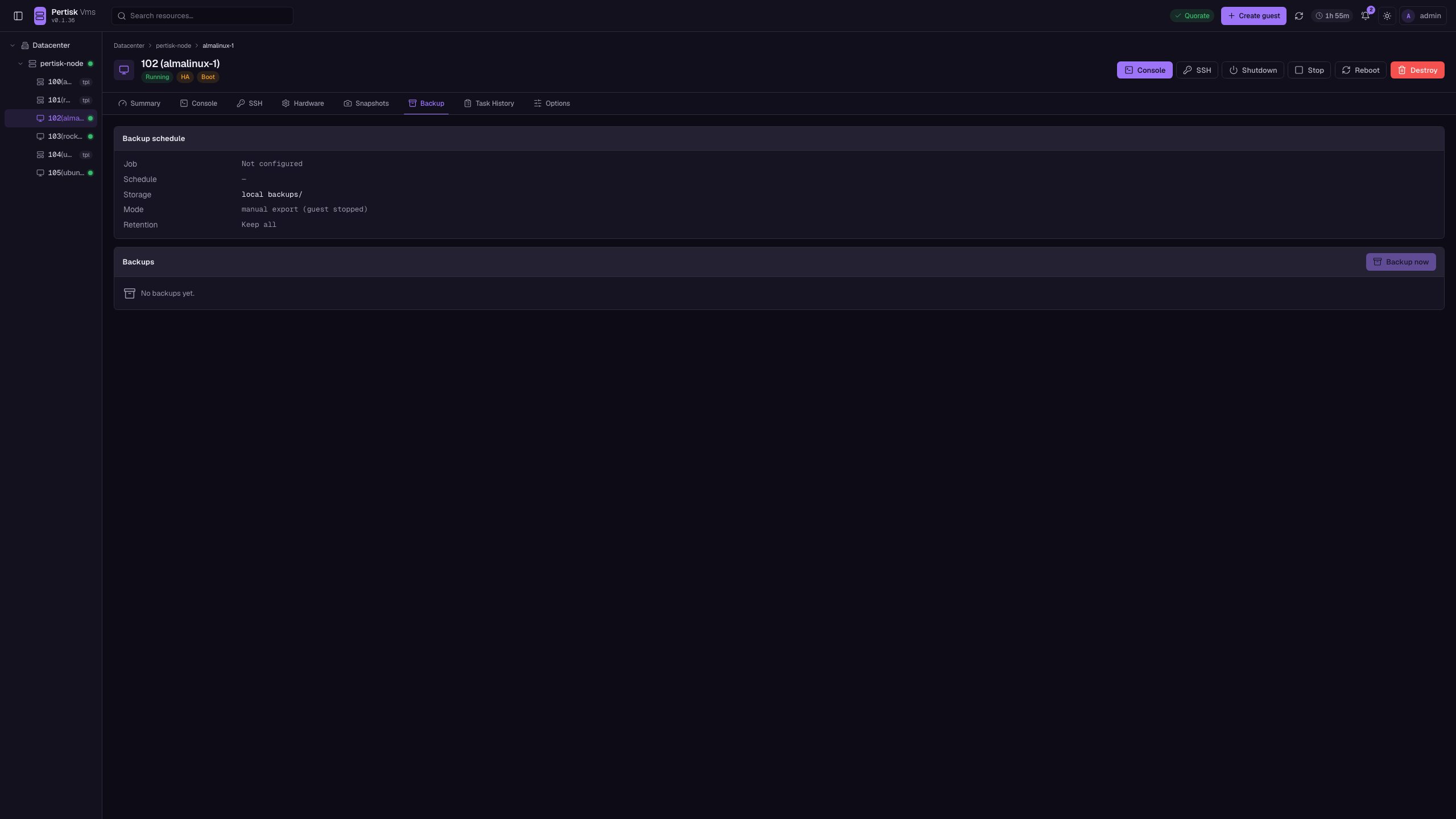 Guest backup list and Backup now