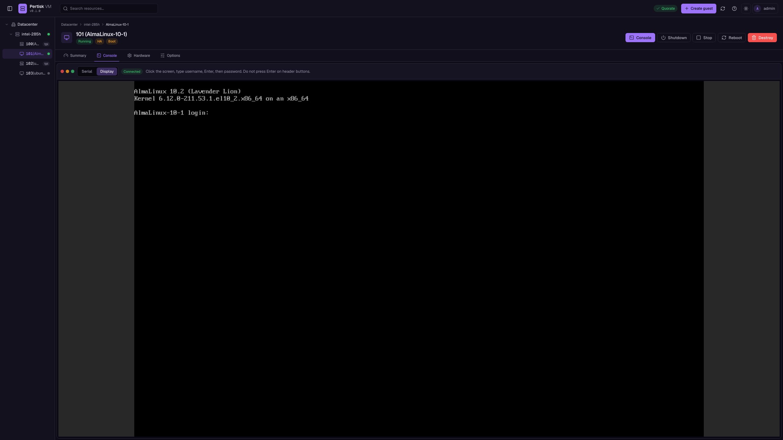 Graphics console Display tab on a running AlmaLinux guest