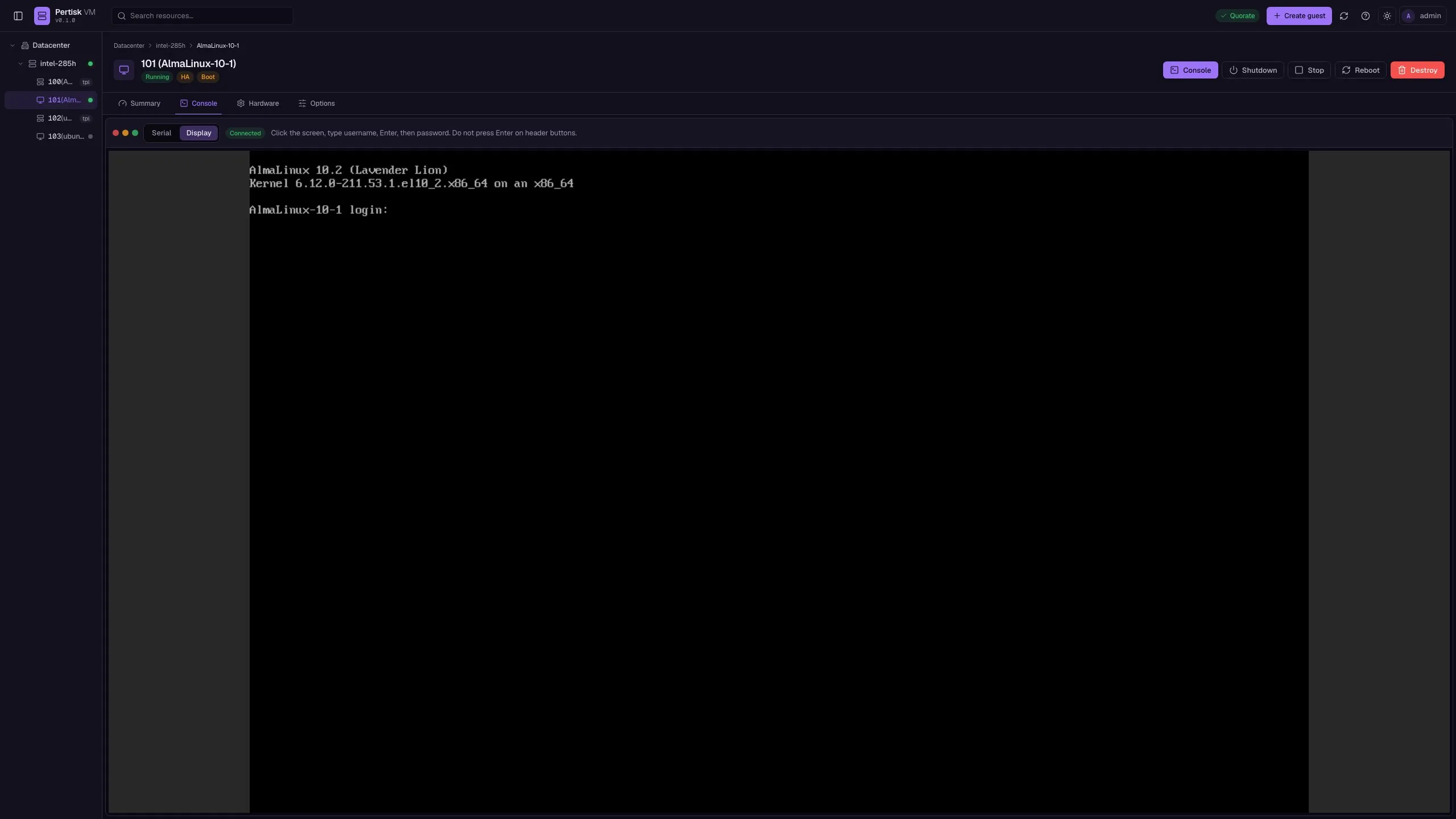Graphics console Display tab on a running AlmaLinux guest