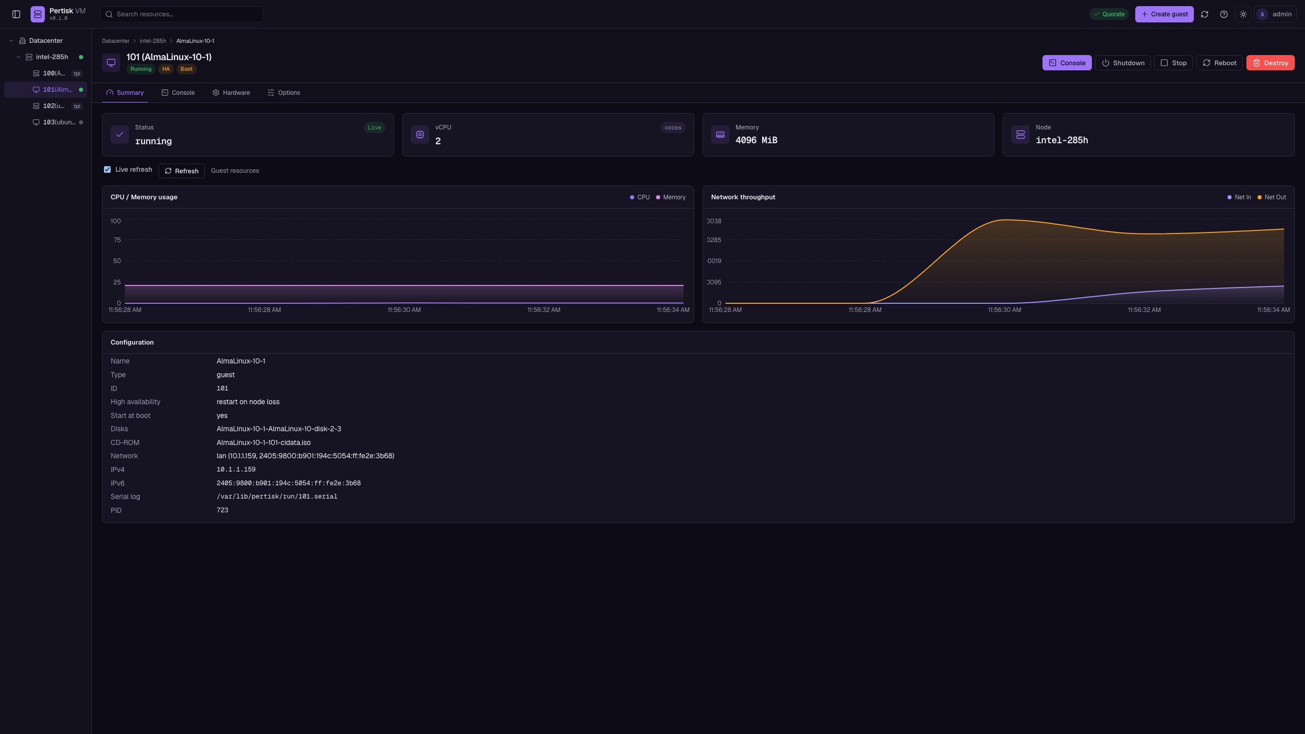 Running guest summary with live metrics charts