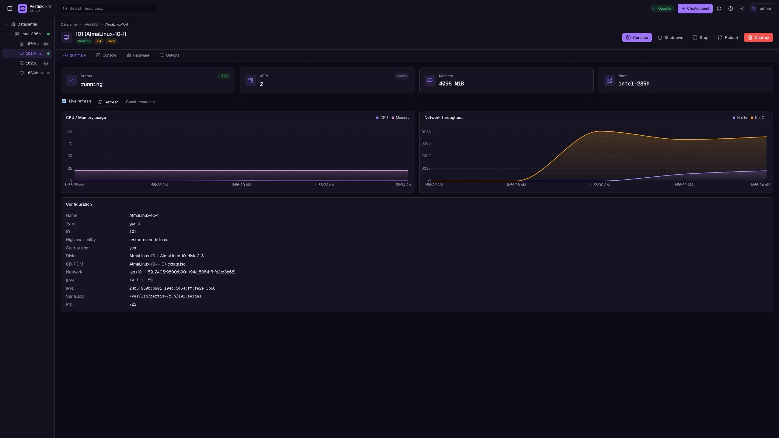 Guest summary with live CPU memory disk and network charts