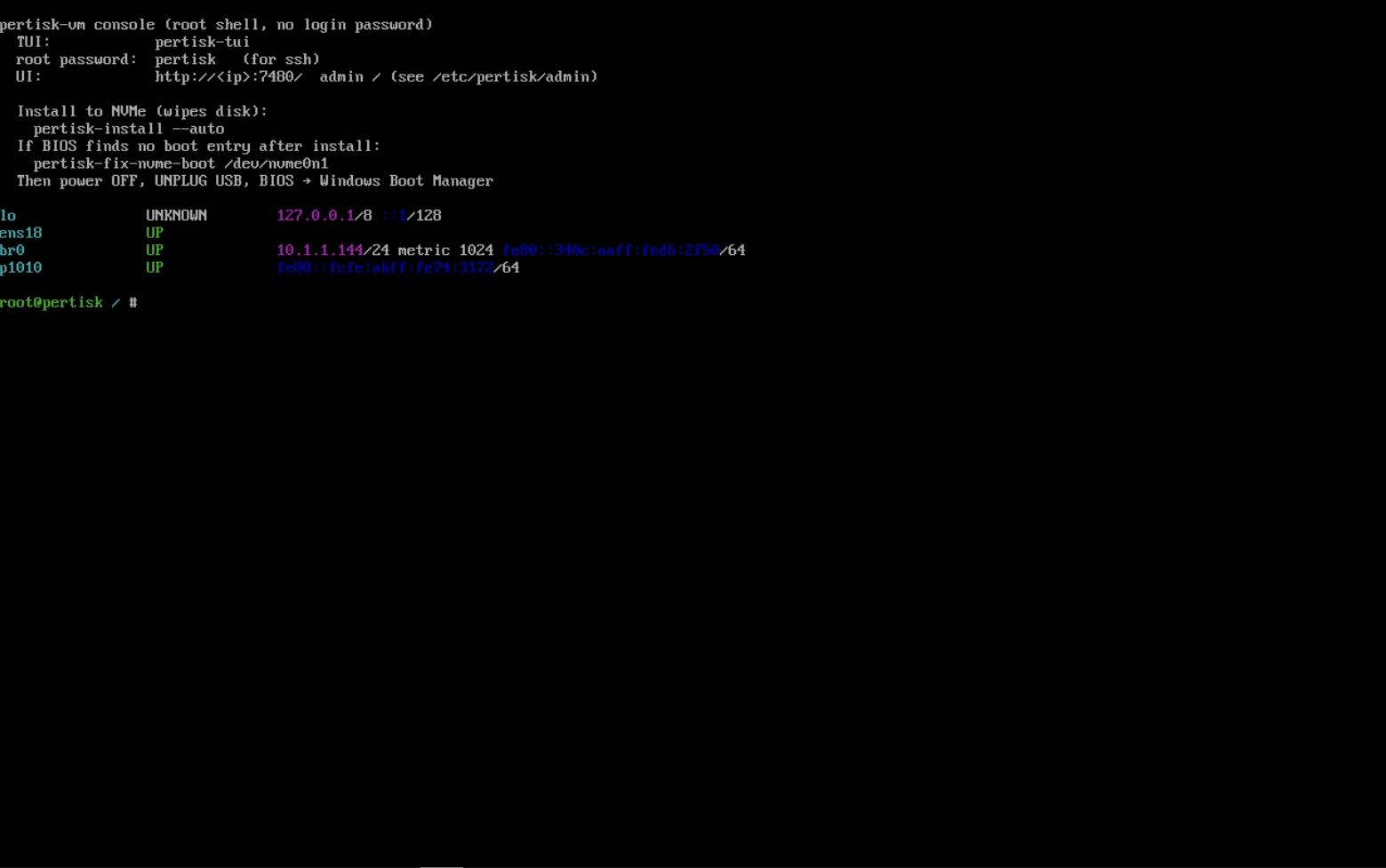 pertisk-vm host console MOTD with LAN IP and root shell
