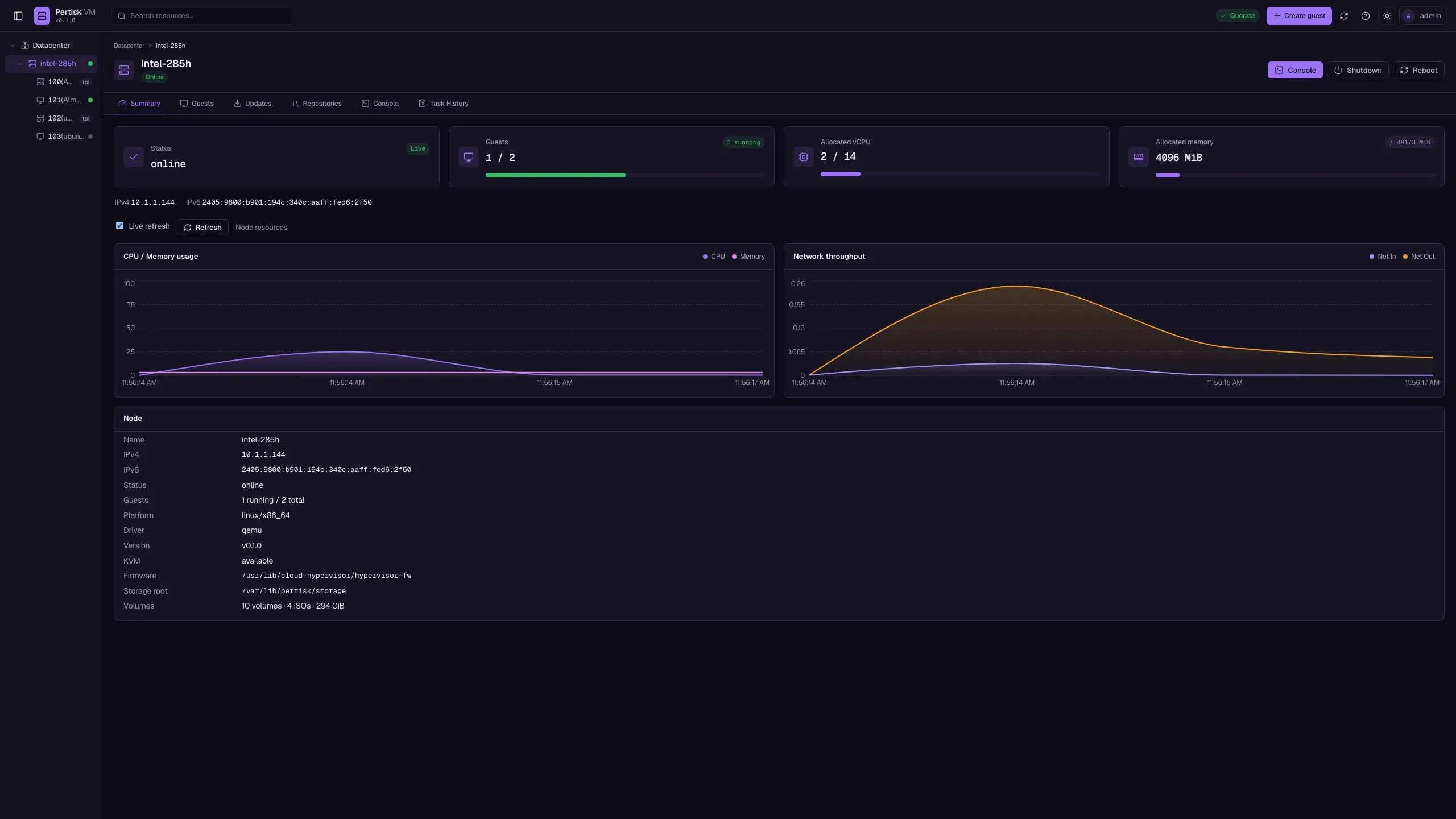 Node summary with live host metrics