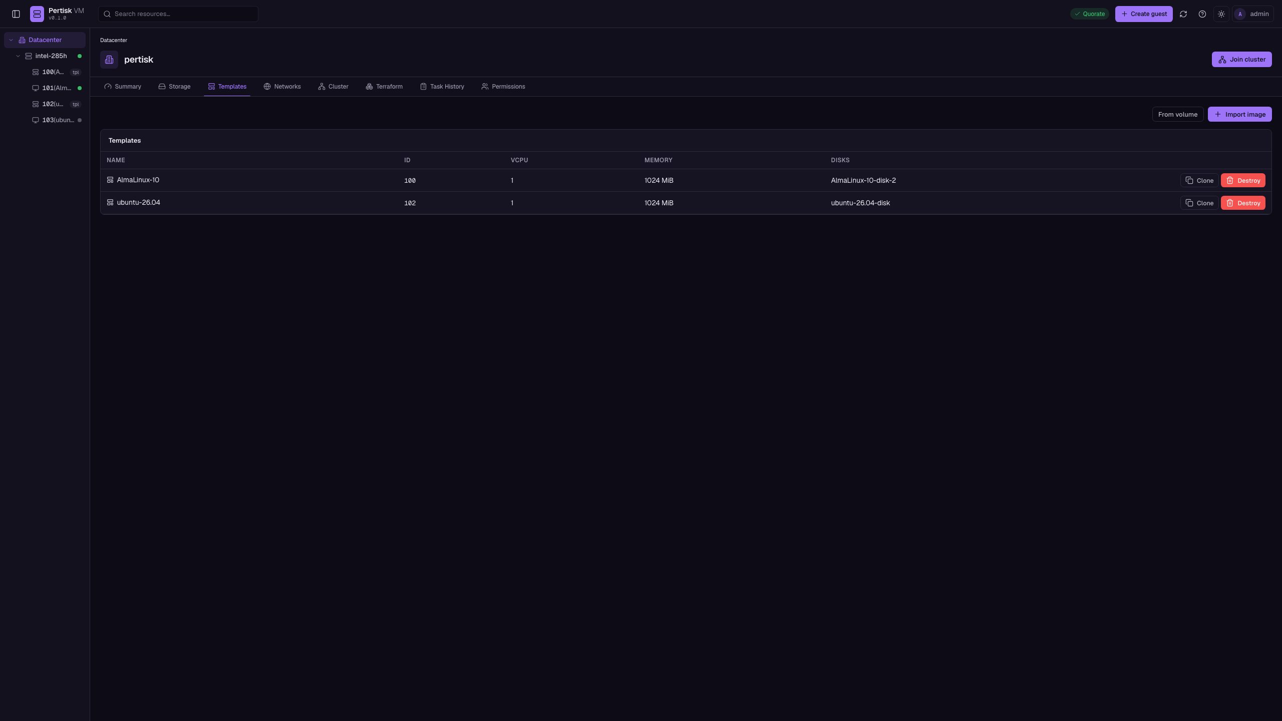 Cloud templates catalog with Clone and Import image