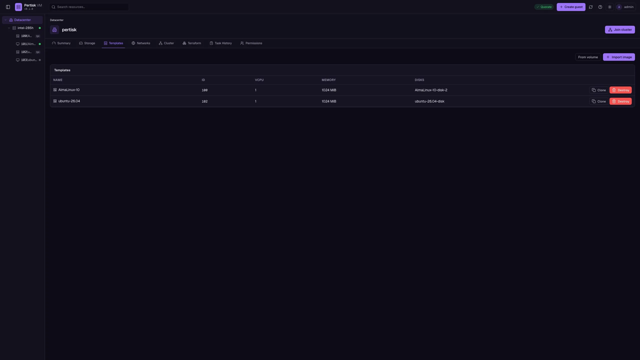Cloud templates catalog with Clone and Import image