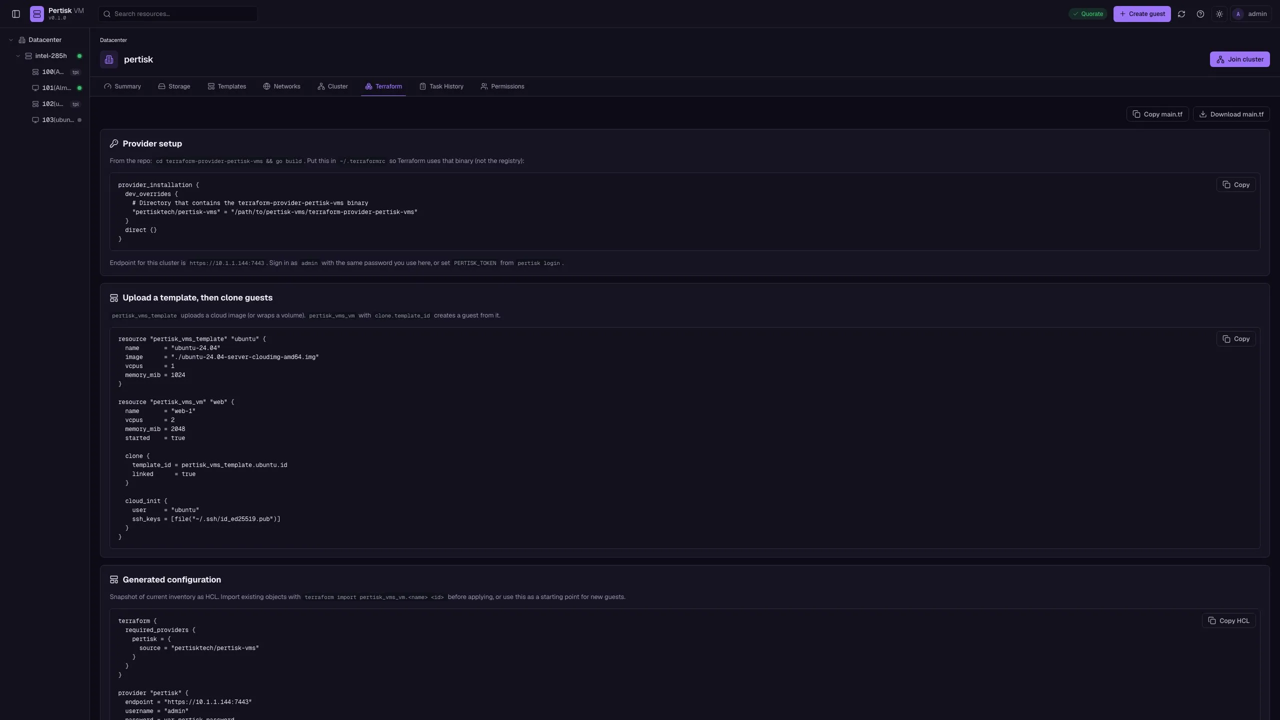 Terraform export: provider setup, template clone, generated HCL